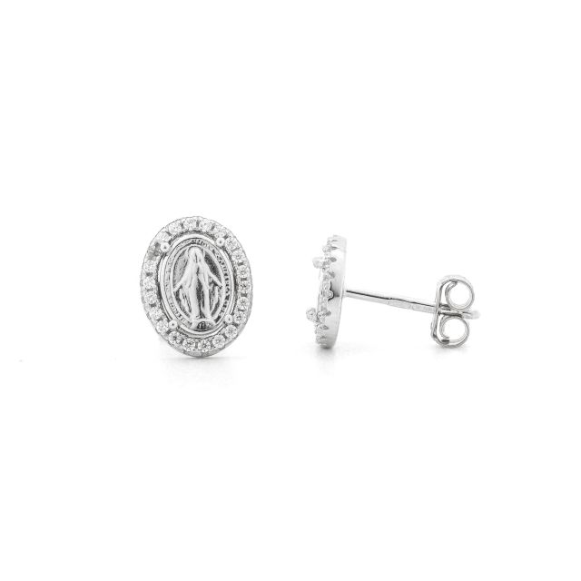 Orecchini a lobo con immagine sacra della Madonna  in argento e zirconi 