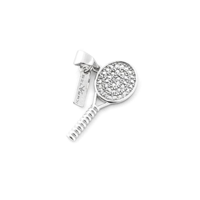 Ciondolo in argento a forma di racchetta da tennis con pavé di zirconi
