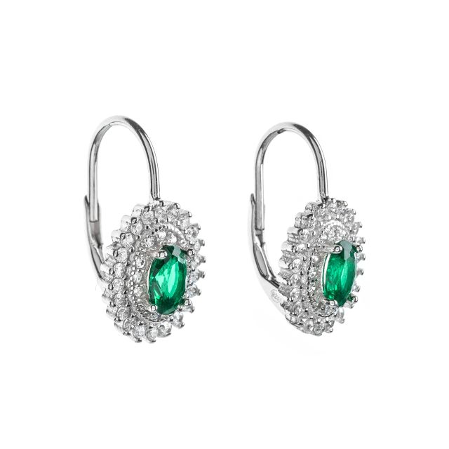 Orecchini a monachella in argento con pavé di zirconi e zircone verde ovale