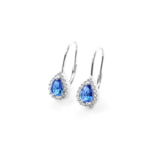 Orecchini a monachella in argento con goccia blu e pavé di zirconi