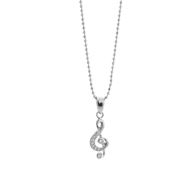 Ciondolo in argento a forma di chiave di violino piccola con zirconi