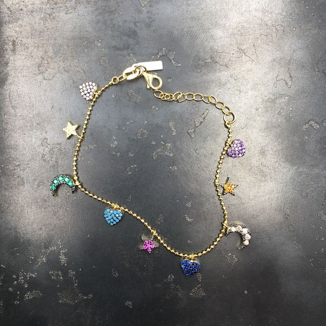 bracciale maglia pallina con cuori stelle lune