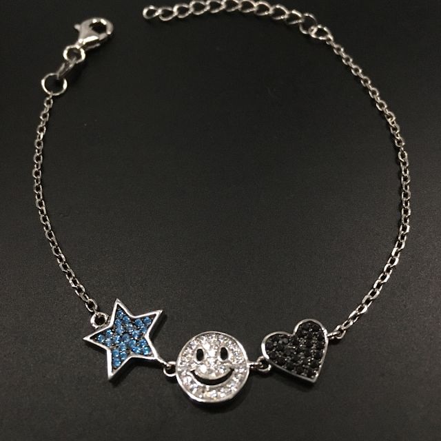 Bracciale in argento 925‰ e zirconi con stella smile cuore